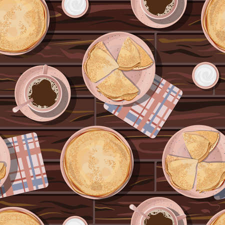 Vector seamless pattern with thin pancakes in plate, coffee in cup on saucer, sour cream and coral clot napkin isolated on wooden table background.のイラスト素材