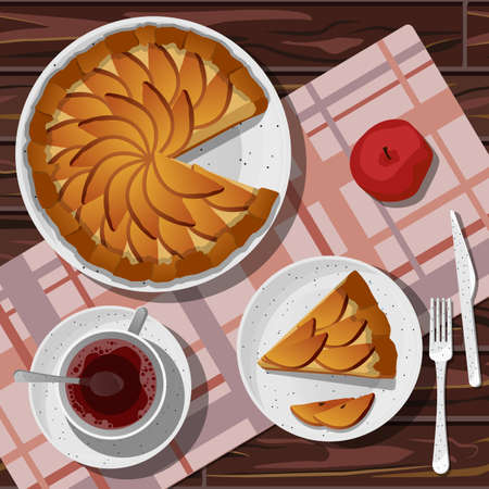 Vector illustration with whole apple pie and cut piece in white plate, red tea in cup and saucer, fork, knife isolated on background of pink coral clotted towel on wooden table.のイラスト素材