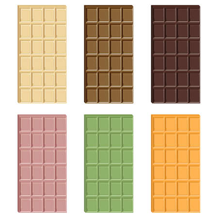 Vector set of white, milk, dark, pink, green, yellow chocolate bars isolated on white background. Strawberry, sea buckthorn, matcha chocolate.のイラスト素材