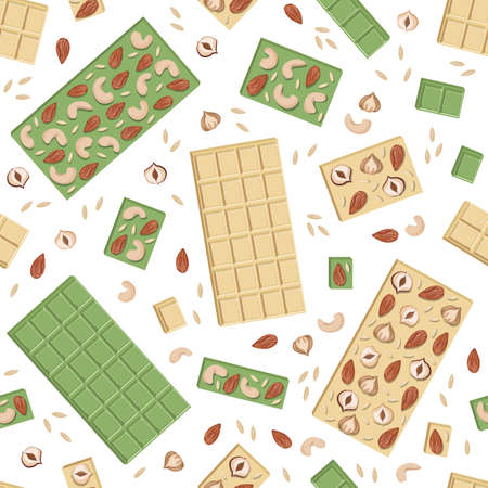 Vector seamless pattern of white and green chocolate bars with cashews, hazelnuts, almonds, seeds and pieces isolated on white background.のイラスト素材