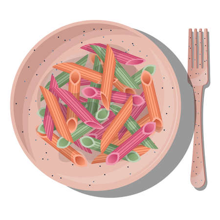 Vector multicolored pasta penne rigate in coral plate with fork isolated on white background. Top view of the dish. Realistic illustration.のイラスト素材