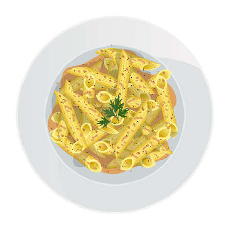 Top view of penne rigate pasta in sauce with spices and parsley in plate isolated on white background. Vector illustration.のイラスト素材