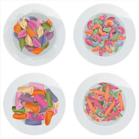 Vector set of colorful pasta rigatoni, elbow, penne rigate, conchiglie in a plate isolated on white background. top view portion.のイラスト素材