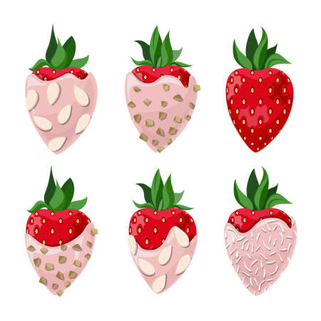 Vector set of strawberries in pink chocolate with nut crumbs, coconut flakes and almond chips isolated on white background.のイラスト素材