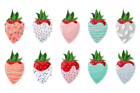 Vector set of strawberries covered with multicolored icing sprinkled with confectionery topping, almond chips and coconut flakes isolated on white background.のイラスト素材