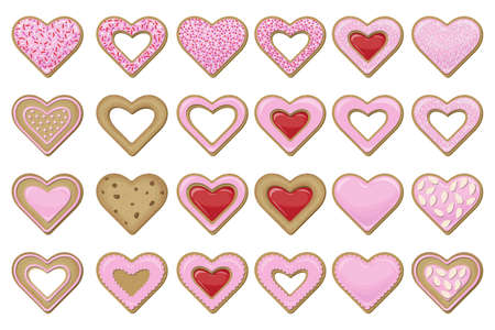 Vector set of different cookies in the form of hearts covered with pink glaze decorated with confectionery topping, almond chips and coconut flakes isolated on white background.のイラスト素材