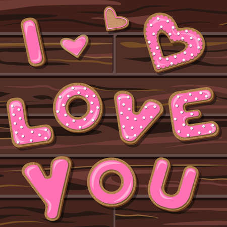 love confession. Cookies in the shape of letters folded into the phrase I LOVE YOU covered with pink glaze on the background of wooden table.のイラスト素材