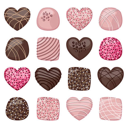 Set of dark and pink glitter chocolate candies decorated with confectionery topping isolated on...