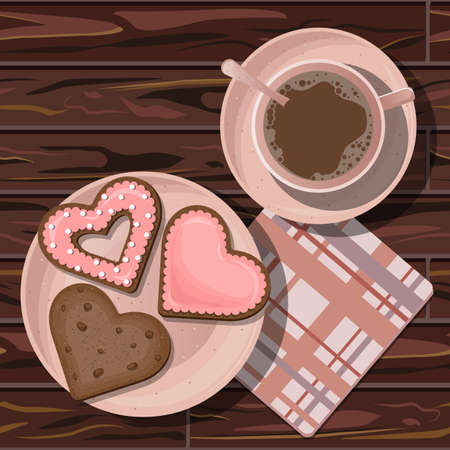 Heart shaped chocolate coral cookies in plate, coffee in cup and checkered napkin on wooden table background. vector illustration.のイラスト素材