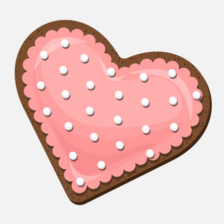 Heart shaped chocolate cookie covered with coral icing isolated on white background. vector illustration.のイラスト素材