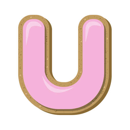 Top view of cookie covered with pink chocolate in shape of letter U.のイラスト素材