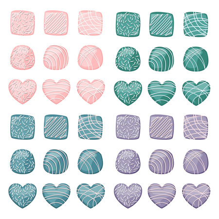 Vector set of coral, emerald, purple, blue chocolate candies isolated on white background.のイラスト素材