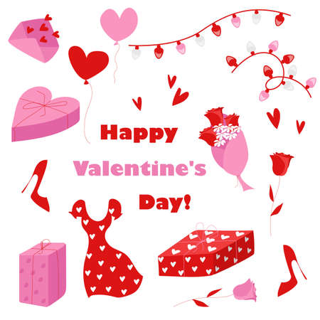 Bright red pink romantic set. Bouquet of flowers, roses, dress, pumps, garland, hearts, gift boxes, envelopes, balloons. Vector flat illustration.のイラスト素材