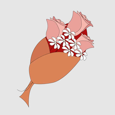 Doodle flat bouquet of roses isolated on grey. Flowers in paper wrapping. vector illustration.のイラスト素材