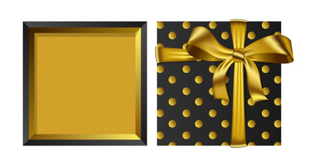 Vector black empty gift open square box with gold ribbon and bow isolated on white background.のイラスト素材