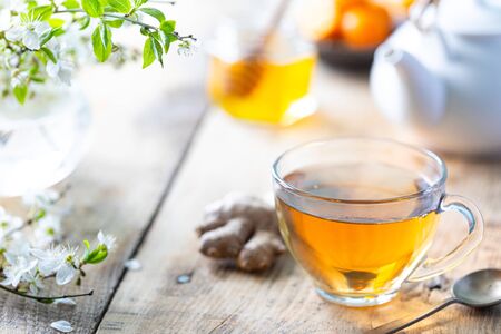 cup of green tea, ginger, lemon, honey to enhance immunity in the spring.の写真素材