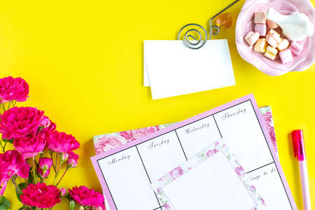 Planning of important things, pink writing instruments on a colored background. things to do. Top view.の写真素材