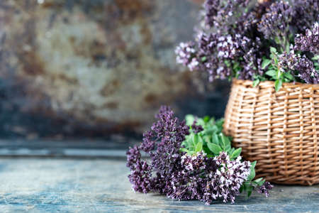 A bouquet of oregano flowers on a wooden tableの写真素材
