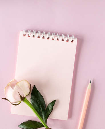 Copy space notepad for your text on a light pink background with pink roses. flat lay, Top viewの写真素材