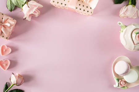 Copy space for your text on a light pink background with pink roses. flat lay, Top viewの写真素材