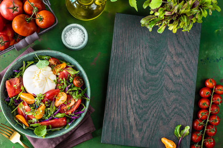 Salad with tomatoes, arugula, Burrata cheese and microgreens on a green stone background, top viewの写真素材