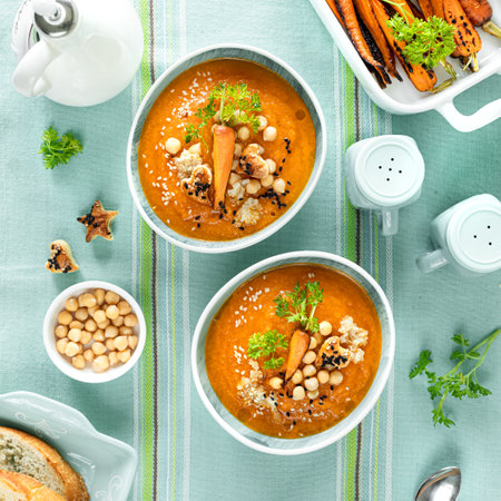 Vegetarian autumn pumpkin and carrot soup with chickpeas and quinoa. Comfort food, autumn-winter concept of healthy food. top viewの写真素材