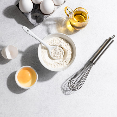 Baking ingredients: flour, eggs, whisk, butter and milk on a white concrete background. Copy space, top view. Baking concept.の写真素材