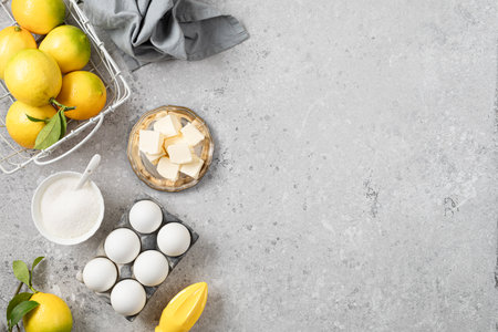 Ingredients for making a pie with lemon curd and blueberries on a white stone table. top view. copy spaceの写真素材