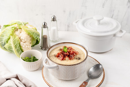 Cauliflower and white bean cream soup with fried bacon on a white stone backgroundの写真素材