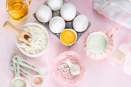 Baking ingredients and kitchen utensils on a pink background, top view. Butter, eggs, sugar, milk and flour for making dough.の写真素材