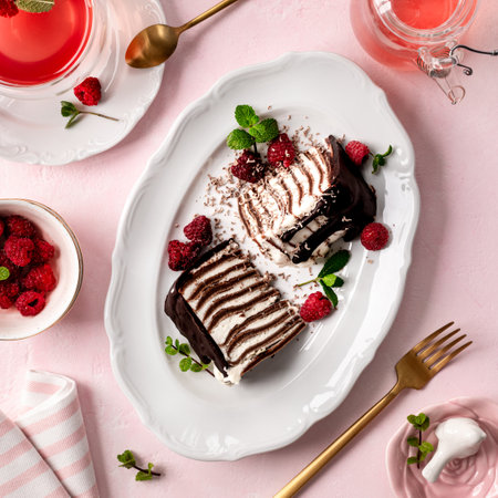 Pancake chocolate cake with fresh raspberries on a pink background. Chocolate dessert.の写真素材