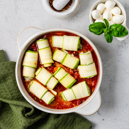 Italian zucchini rolls with cream cheese filling, baked in tomato sauce on a white background. Healthy foodの写真素材
