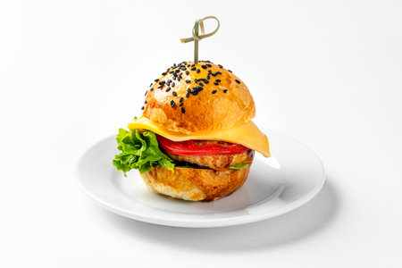 Delicious chicken burger with cheese on a white background. The tomato.の写真素材