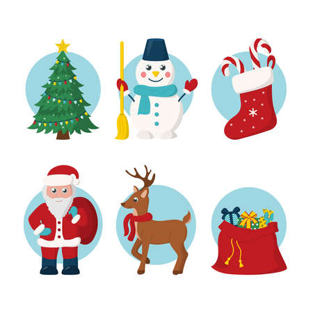 Cute cartoon christmas icon collection with santa, christmas tree, reindeer, snowman, red bag with gifts. Design elements for seasonal greeting cards, posters, banners. Flat vector illustrationのイラスト素材