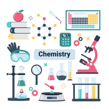 School chemistry set, collection of laboratory equipment: microscope, burner, gloves, tubes, pipette, etc. Chemical experiment, science research. Vector flat design elementsのイラスト素材