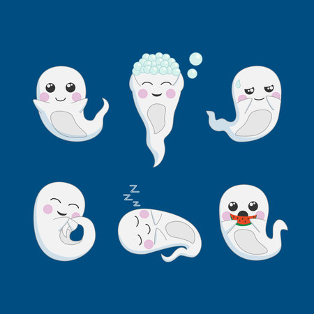 Collection of cute cartoon ghosts - sleeping, eating watermelon, taking a shower. etc. Decorative design elements for Halloween. Vector flat design illustrationのイラスト素材