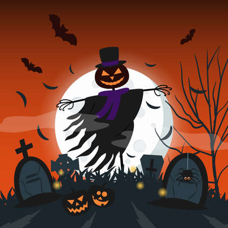 Halloween night background with full moon in cemetery, Jack lantern scarecrow, scary pumpkins, old headstones, spider and bats. Concept for greeting card, party invitation. Vector flat illustrationのイラスト素材