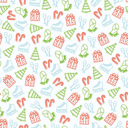 Christmas seamless pattern with colorful outline objects - Christmas tree, gift, scarf, skates, candy, glasses. Print for holiday wrapping paper, fabric, scrapbook, Vector flat design illustrationのイラスト素材