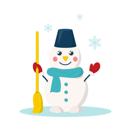Cute cartoon snowman with top-hat, blue scarf and red mittens holding broom. Design element for winter, christmas, new year greeting card concept. Flat vector illustrationのイラスト素材