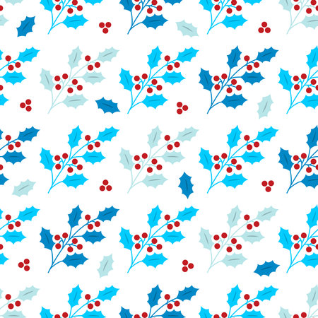 Floral seamless pattern with Christmas holly leaves and berries on white background. Print for holiday wrapping paper, fabric, scrapbook, New Year concept. Vector flat design illustrationのイラスト素材