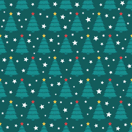 Seamless pattern with Christmas tree silhouettes and stars. Print for holiday wrapping paper, fabric, scrapbook, Christmas and New Year concept. Vector flat design illustrationのイラスト素材