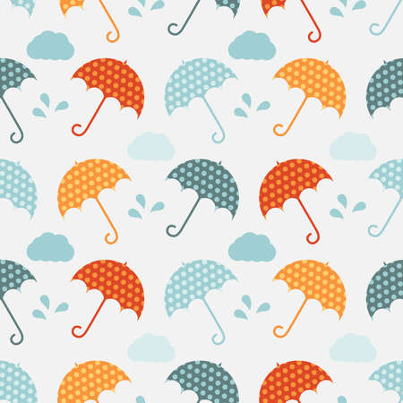 Seamless pattern with colorful umbrellas, clouds and splash drops. Autumn or spring swatch. Can be used for printing on fabric, wrapping paper, greeting cards, etc. Cartoon vector illustrationのイラスト素材