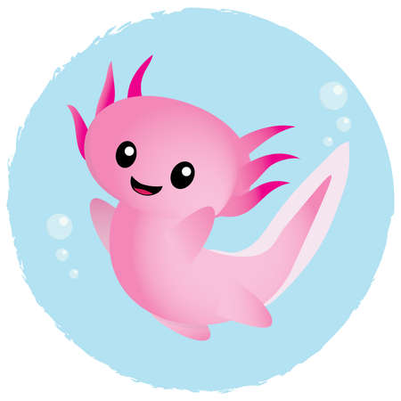 Cute pink cartoon axolotl in water bubbleのイラスト素材