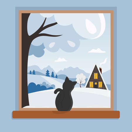 Window with winter landscape and cat sitting on the windowsill and looking outside. Countryside scene in flat style with cottage, fields and forest. Winter card concept. Vector illustrationのイラスト素材