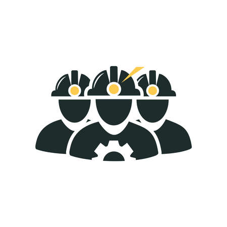 Flat icon with three workers in helmets with ray of light. Professional builder, miner, metallurgist team, safety concept. Vectorのイラスト素材