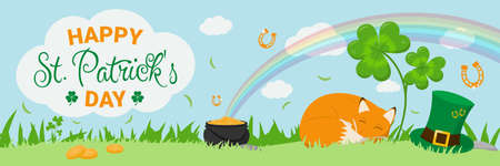 Happy Saint Patrick's Day banner with clover leaves, cute slipping red fox, leprechaun hat, pot of gold coins and rainbow. Irish holiday concept with spring landscape. Flat design vector illustrationのイラスト素材