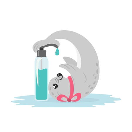 Cute smiling baby fur seal presses with its tail on liquid soap dispenser and disinfects its flippers. Concept of personal hygiene and health, hand disinfection. flat design vector illustrationのイラスト素材