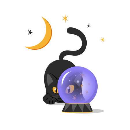 Cute black cat with yellow eyes looks through witch magic crystal. Design element for Halloween banner, greeting card, party invitation. isolated on white. vector flat illustrationのイラスト素材