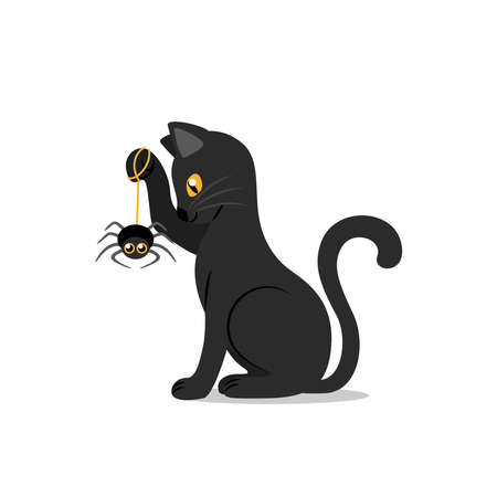Cute black cat with yellow eyes holding funny spider in its paw. Design element for Halloween banner, greeting card, party invitation. isolated on white. vector flat illustrationのイラスト素材