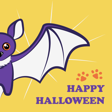 Halloween minimalist card with cute bat and cracks on yellow background. Funny concept for children greeting card, party invitation. Happy Halloween text. vector flat design illustrationのイラスト素材